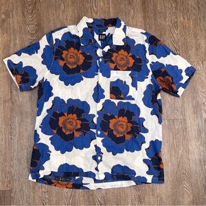 GAP Linen Cotton Floral Camp Collar Button Down Shirt Blue Orange | Size: L